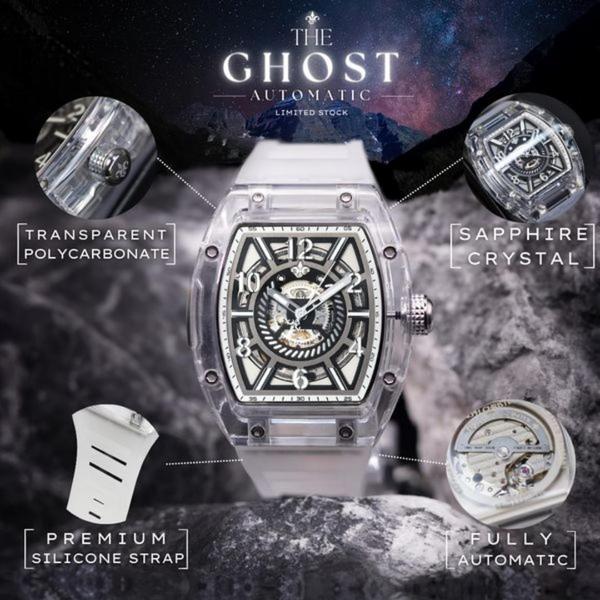 automatic watch, luxury watch, mechanical watch, skeleton watch, sports watch, wristwatch, timepiece, product launch, limited time deal, modern typography, luxurious, bold, neutral, blue